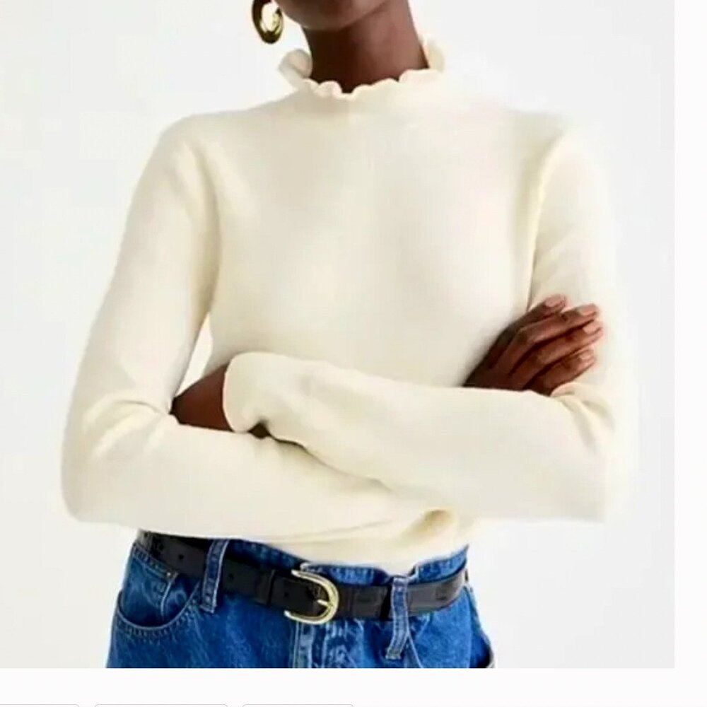 J Crew Ruffleneck Merino Wool Blend Sweater Preppy Feminine Minimalist Classic